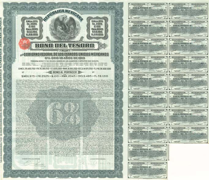 Tesoro 975 Republica Mexicana Bono del Tesoro £100 British Pounds 1913 dated Bond